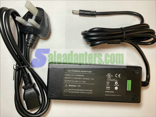 Replacement for 48V 1.25A AC-DC Adaptor Power Supply 6.3mm / 3mm UK Plug Replacement for 48V 1.25A AC-DC Adaptor Power Supply 6.3mm / 3mm UK Plug